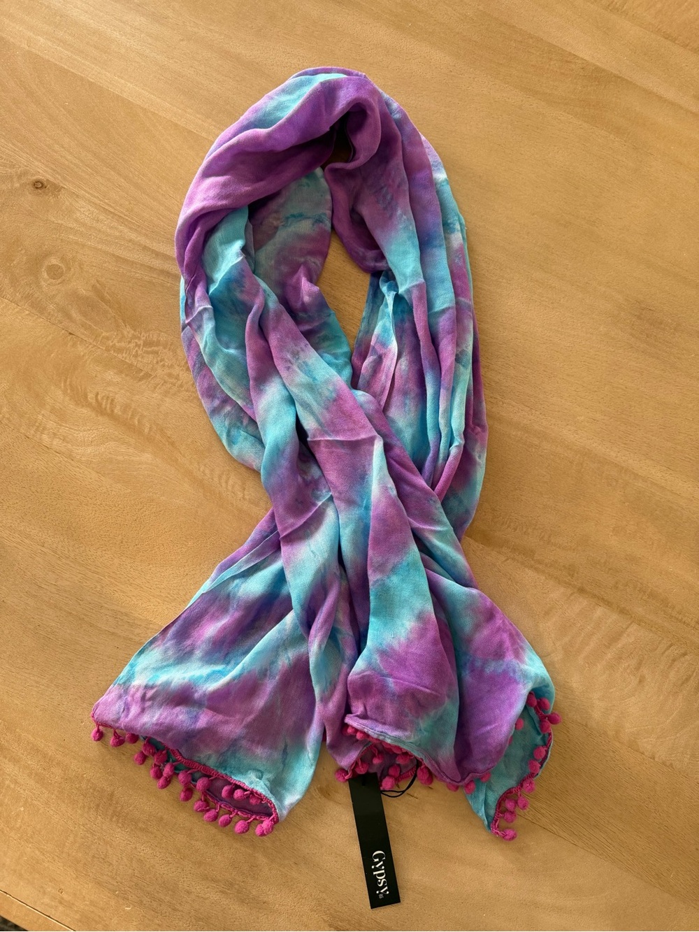 Gypsy 05 Purple and Teal Tie-Dye Scarf with Pom Trim
